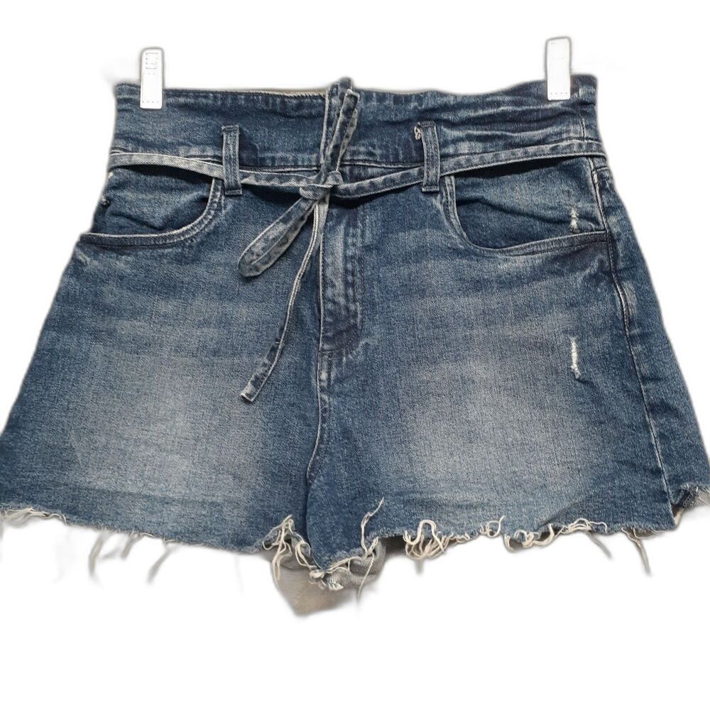 Kut from the Kloth Women Sz 8 High Rise Denim Shorts Tie Belt Raw Hem Distressed
